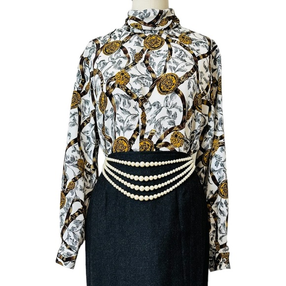 80’s/90’s Coin/Crest Belt Print Blouse - Picture 1 of 12